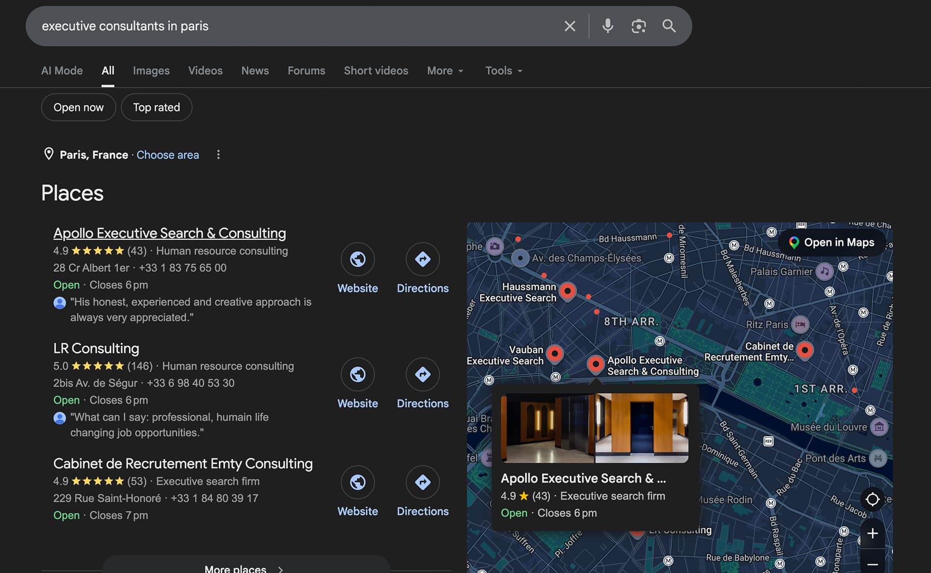 google business search results